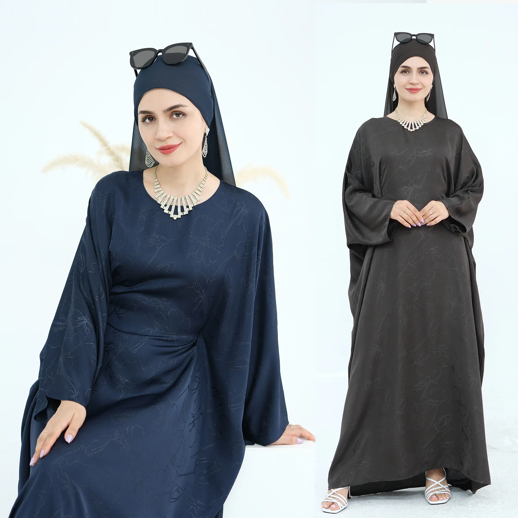 طقم أزياء إسلامية 2 قطعة طقم حجاب عباية من الساتان بأكمام على شكل فراشة فساتين طويلة ملابس يومية دبي عباية قفطان فستان متواضع بدلة وشاح