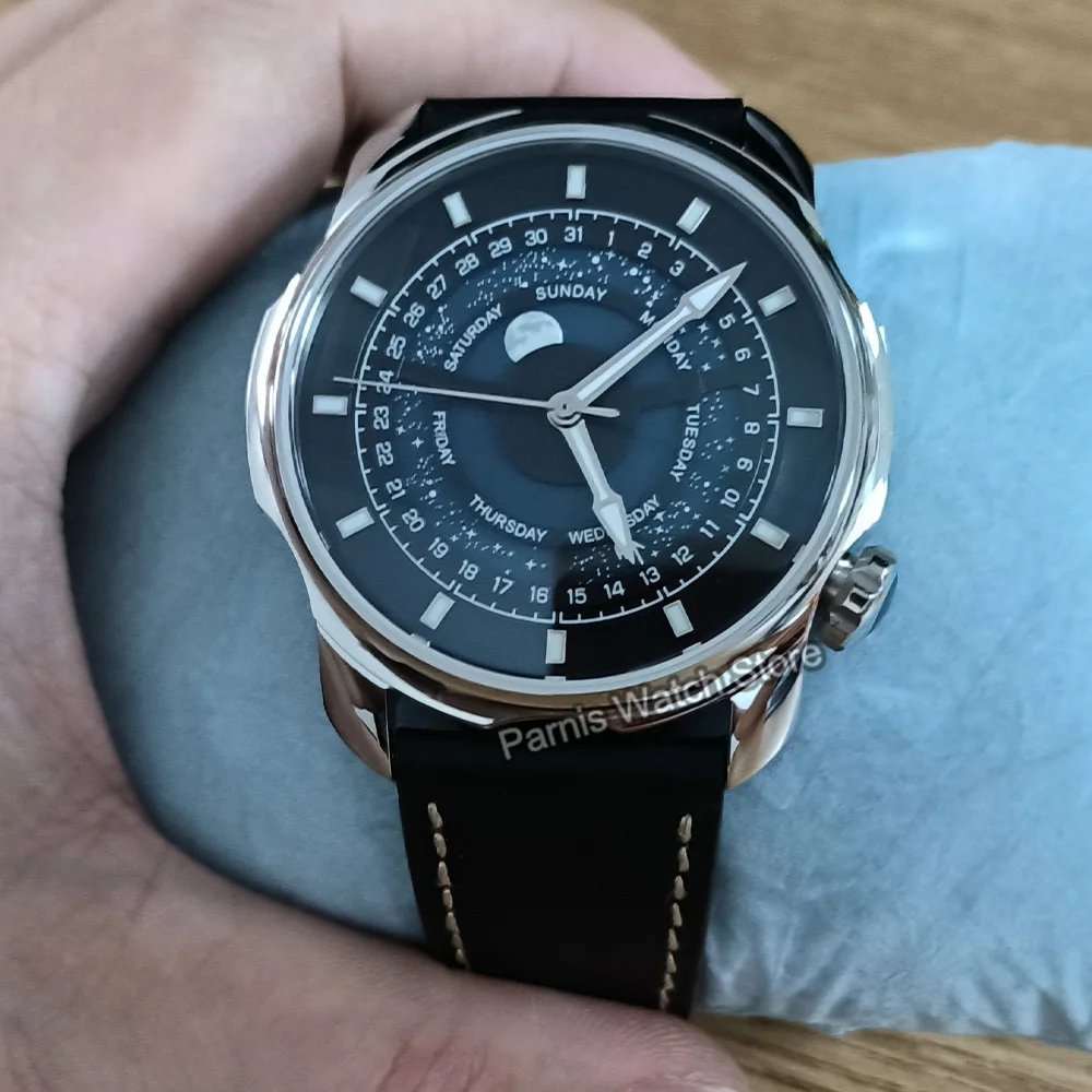42mm Parnis Azul Romântico Céu Estrelado Mostrador Cristal de Safira Homens Relógio Automático de Aço Inoxidável
