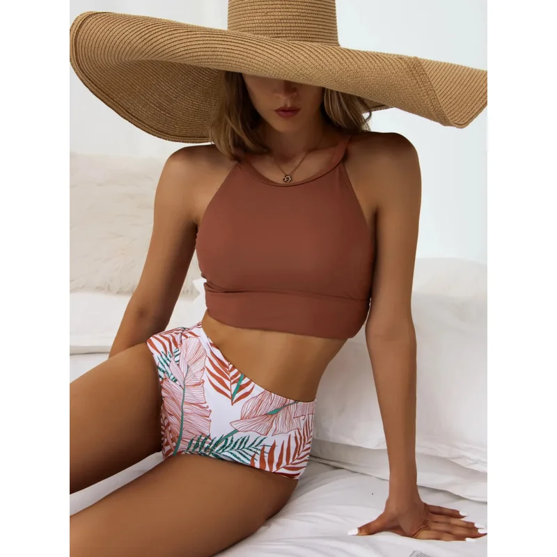 2023 High Waist Bikini Women High Neck Swimsuit Printed Swimwear Female Padded Beachwear Bathers Bathing Swimming Swim Suit