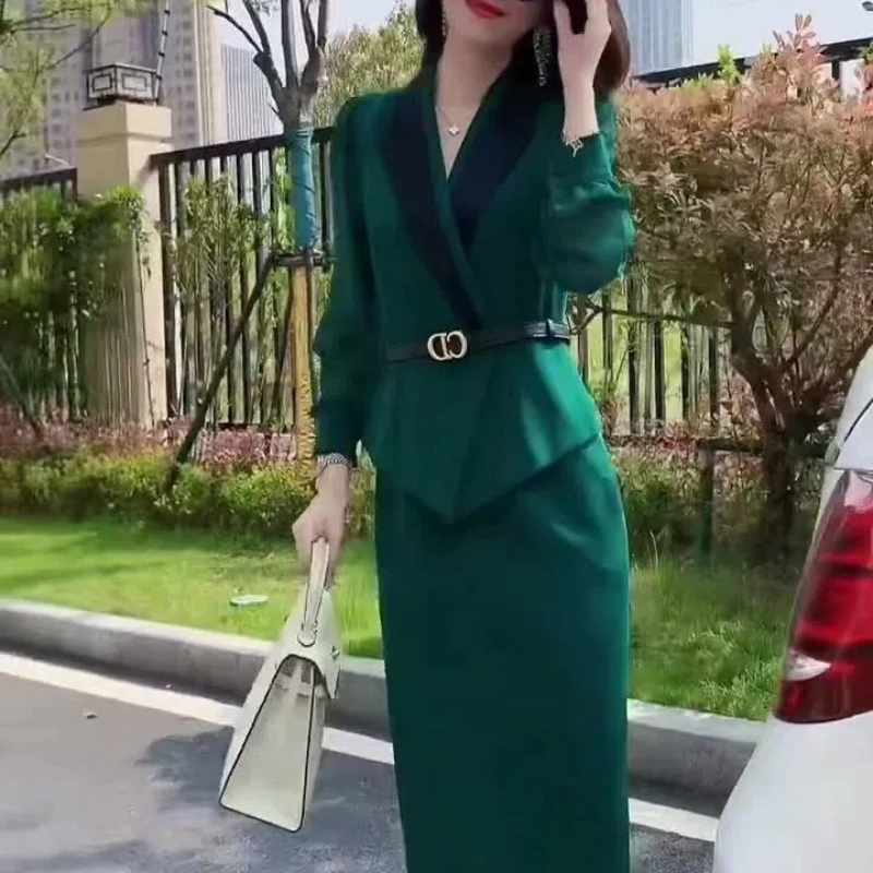 Slim High-end Celebrities Internet Celebrity Temperament Spliced suit Collar Waist Two-piece Suit Goddess Fashion Dresses