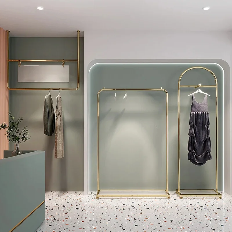 custom.Square Metal Retail Clothing Display Rack Fitting Display Floor-standing Boutique Clothing Rack with Shelves