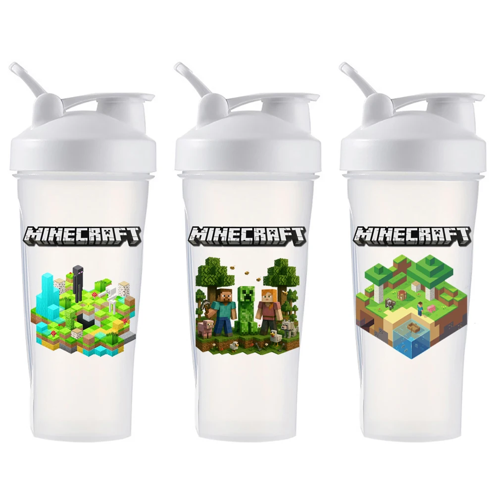 Botella de agua Minecraft de dibujos animados de 600ML, pajita de plástico portátil, estilo de píxel, coctelera de polvo, taza de agua para deportes al aire libre