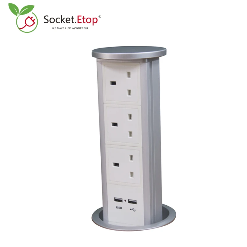 Promotion Pneumatic Air Spring Pop Up Desktop Socket 3 UK Plug Outlets With 2 USB Charging Port  For Home Kitchen Island