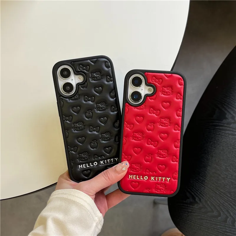 

Hello Kitty Emboss Leather 3D Phone Cover for iPhone 13 14 15 16 Pro Max LOVE Kitty Cats skin 16pro 15pro 14pro Case Cases