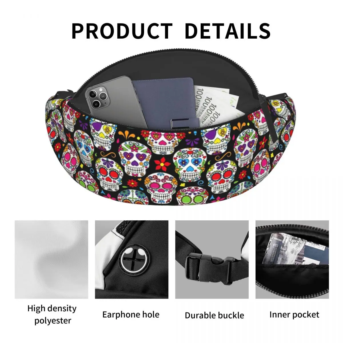 Custom Brightly Colored Sugar Skulls Fanny Pack for Women Men Cool Flower Crossbody Waist Bag Travel Hiking Phone Money Pouch