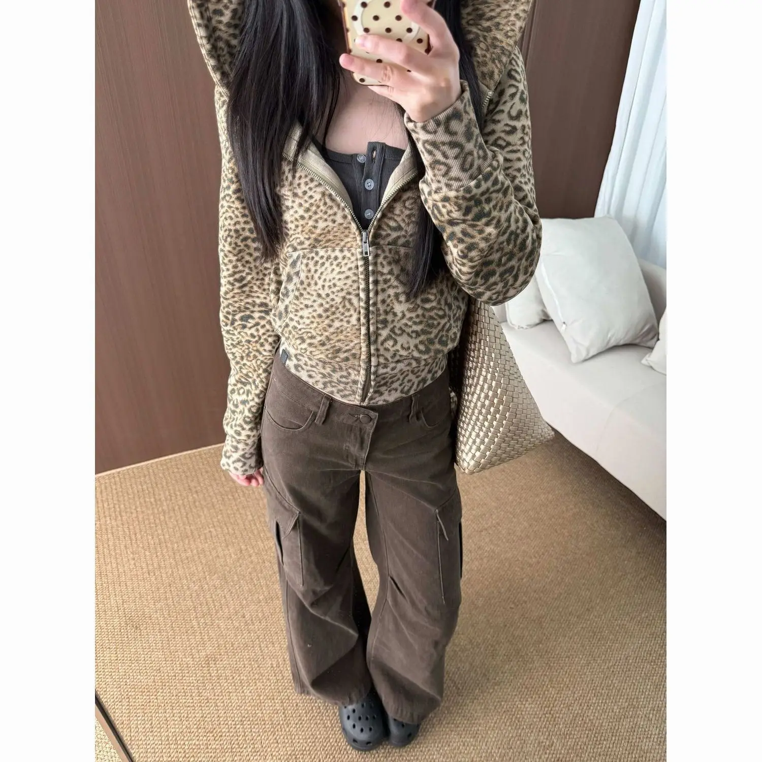 2026 New Spice Girl Retro Leopard Print Hooded Cardigan Women's Niche High-end Slim-fit Sweater Jacket