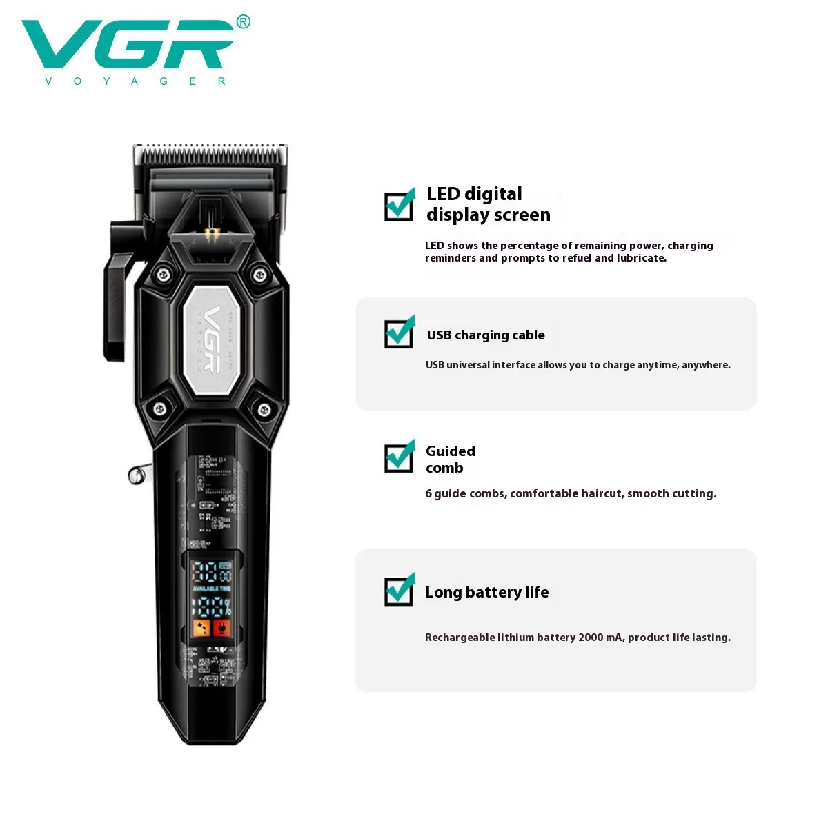 Электрическая машинка для стрижки волос VGR 600, прозрачный триммер для волос на теле, светодиодный интеллектуальный цифровой дисплей, электрические ножницы, мощная мощность c