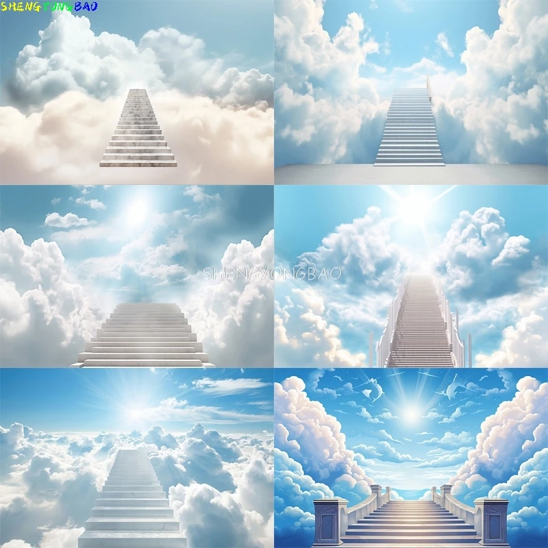 Radiant Sun Rays บันได Vivid Rainbow Blue Sky การถ่ายภาพฉากหลังเมฆสีขาวบันได Heaven Path ภาพพื้นหลัง KY-07