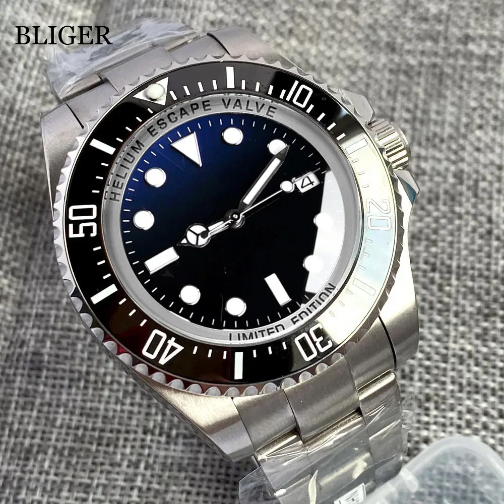 BLIGER Brand 43mm Sapphire Glass Japan NH35A MIYOTA 8215 PT5000 Automatic Watch For Men Brushed Steel Bracelet Black Dial