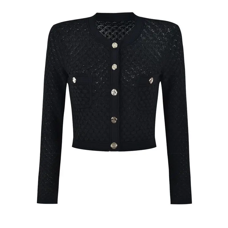 

Fashionable Knitted Hollow out Long Sleeve round Neck Women's Top Quality New Autumn Winter Style Regular Fit Button up Sweater