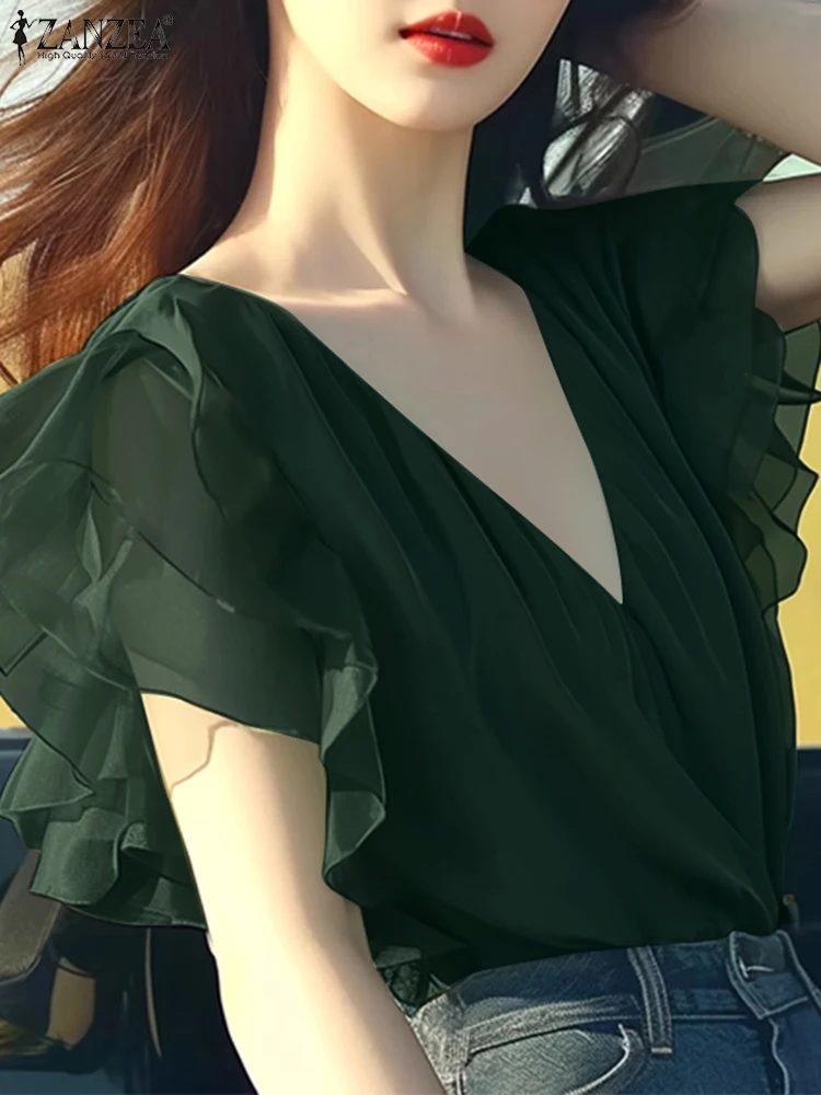 

2025 ZANZEA Women Chiffon Blouses Stylish Ruffled Office Shirt Summer Elegant V Neck Short Sleeve Solid Tunic Tops Blusas Femme
