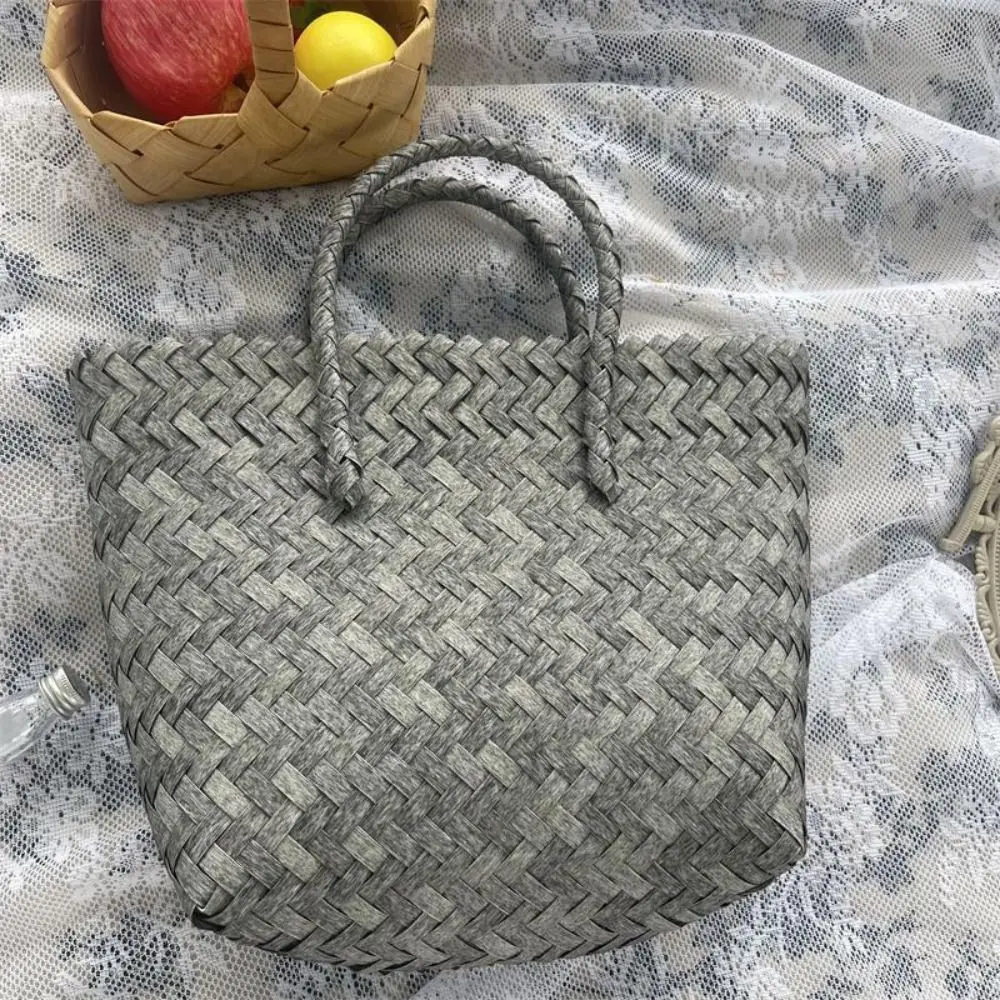 Women Imitation Rattan Woven Handbag Retro Storage Basket Large Capacity Tote Beach Bag Handmade Shoulder Bag