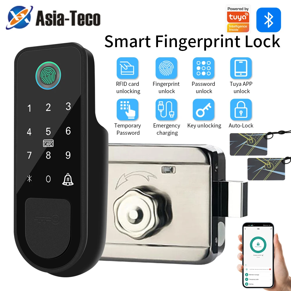 support tuya app Bluetooth  Fingerprint Smart Door Lock Gate Password RFID Card Rim Bolt Lock Electronic Door Lock