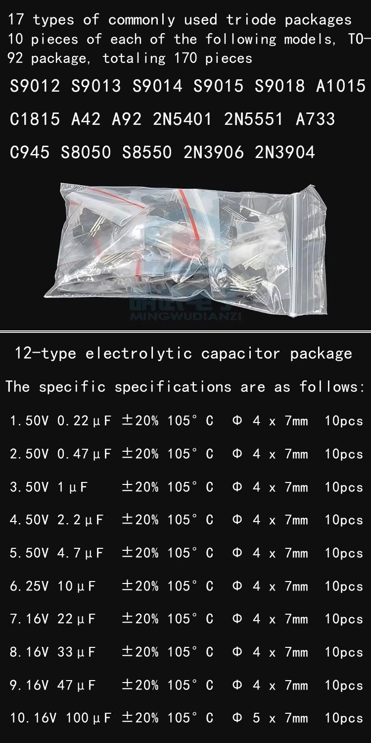 7-Komponenten-Set: Widerstandspaket, Elektrolytkondensatorpaket, LED-Leuchtdiodenpaket, Transistorpaket, Keramikkondensator – Detail 2