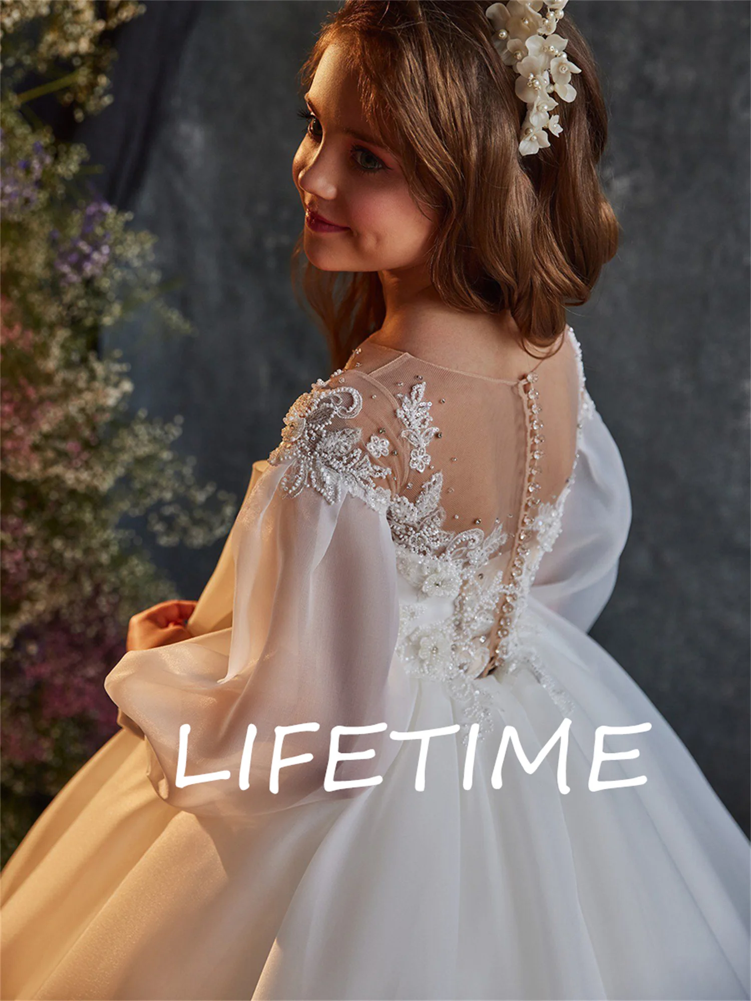 Flower Girl Dress Tulle Lace Appliques Crystal Beading Full Sleeve for Wedding Birthday Ball Gown Elegant First Communion Dress