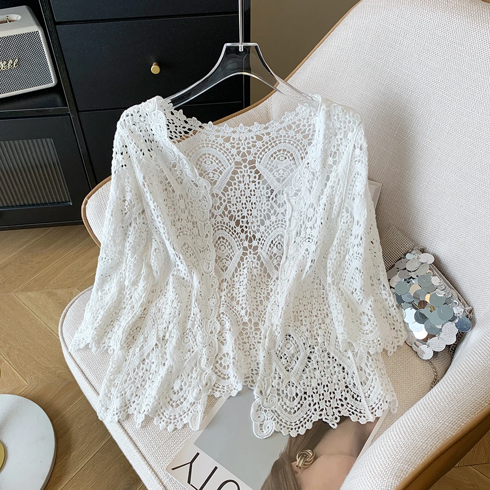 Sheer Crochet Cardigan Open Front Half Sleeve Open-Knit Crop Tops Bikini Cover Up Summer Women Boho Beach Festival Season Outfit