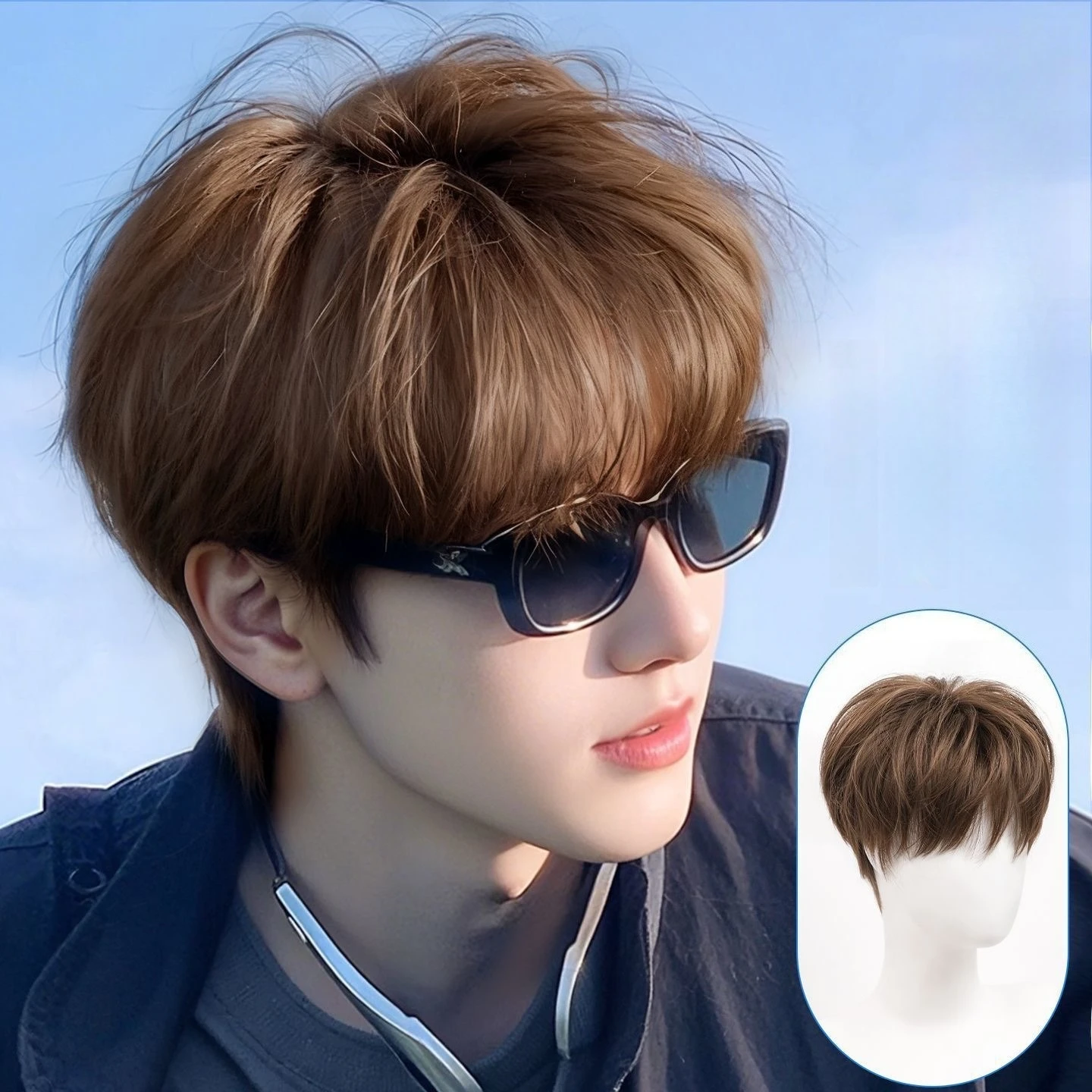Perruque synthétique complète marron clair pour homme - Bonnet intégral, style coréen, frange légèrement séparée, perruque masculine de type divin