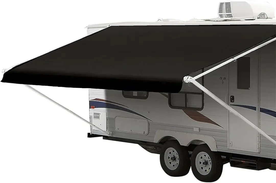 

RV Awning Fabric Replacement | Durable Premium Grade Vinyl (16' [Fabric 15' 2"], Solid Black) Camper Shade Awning Canopy