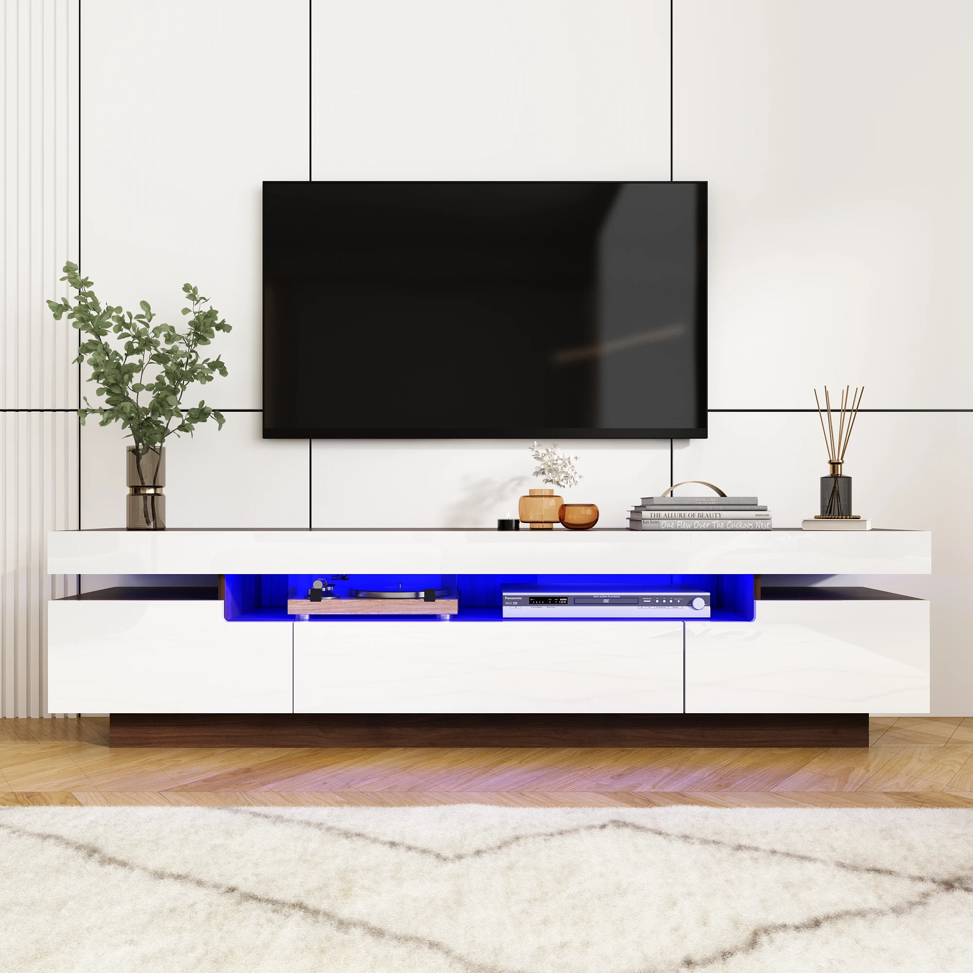 Fotografia 3: Suporte de TV LED de 71 polegadas para TV de 75/80 polegadas, armário de TV moderno para jogos para sala de estar, centro de entretenimento de alto brilho com armazenamento