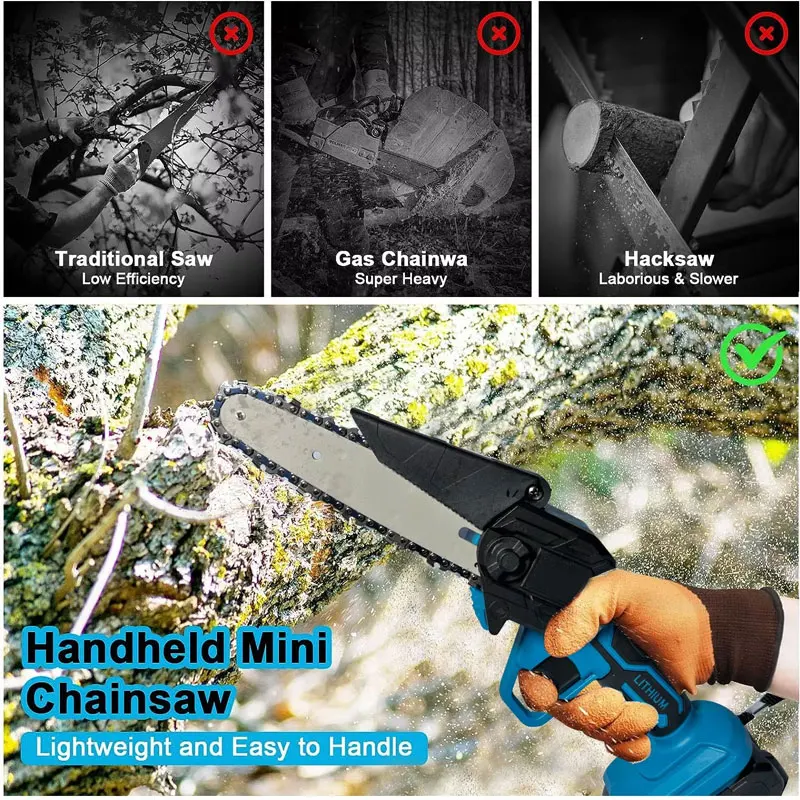 Cordless Portable Chain saw 6Inch Handheld Pruning Chainsaw Woodworking Saw Cutting Power Tools for 18V Battery(No Battery)