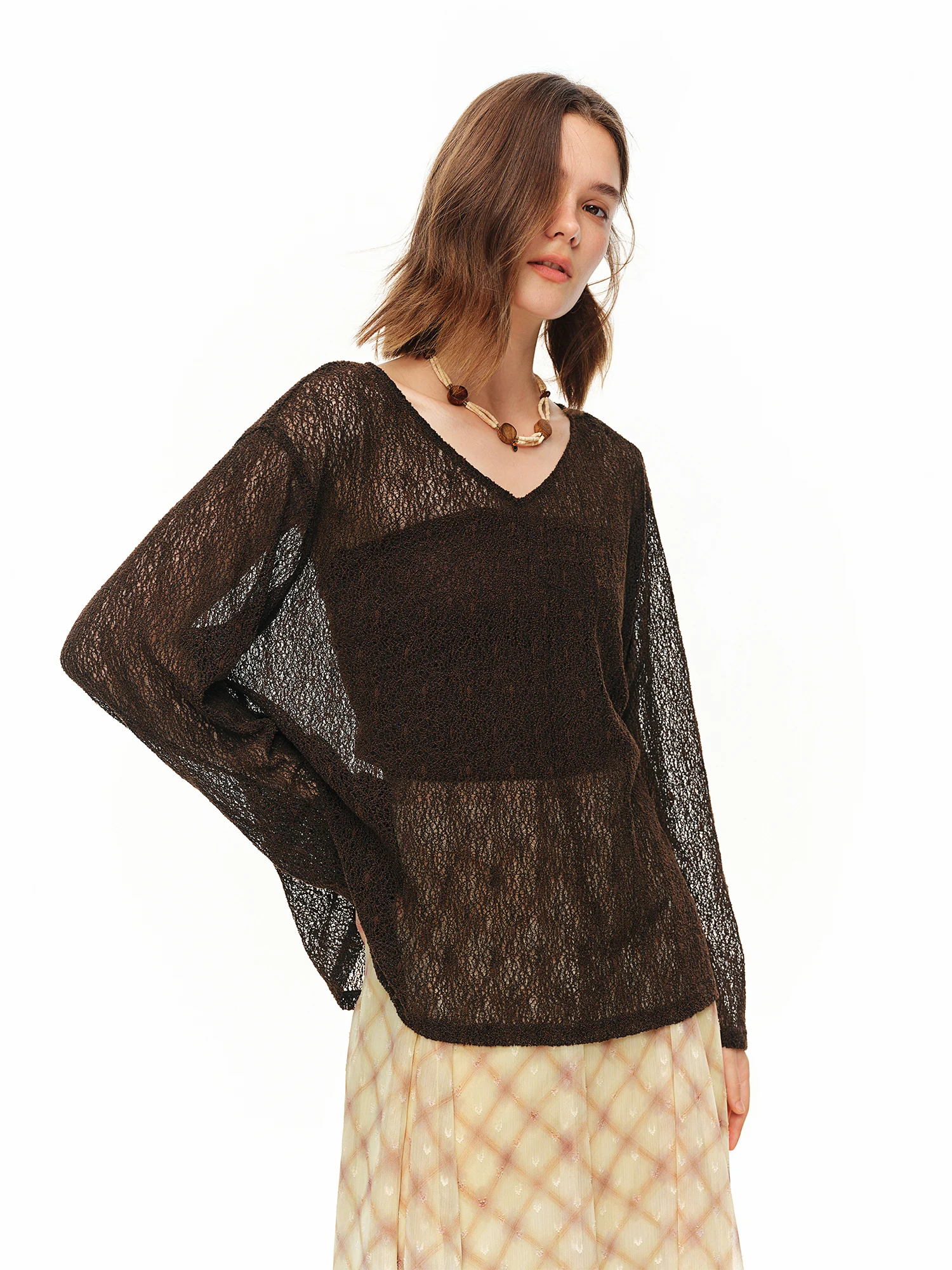 DUSHU 2026 New Summer Women's Openwork Loose long Sleeve Knit Top, Relaxed Sheer Shirt for Coquette & Quiet Luxury Commute Style
