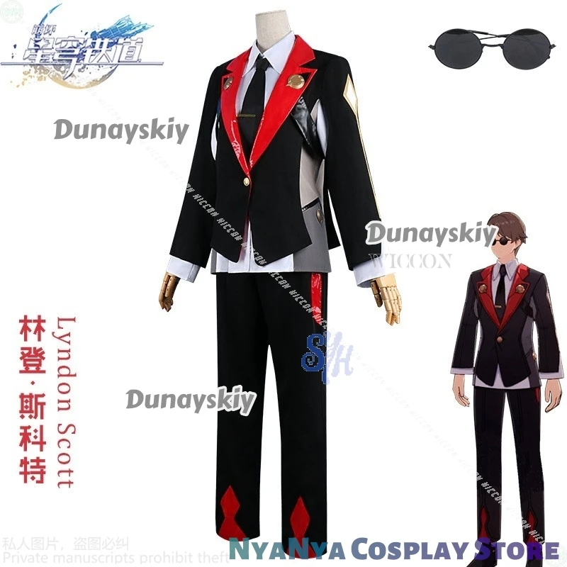 Lyndon scott jogo honkai: star rail cosplay anime traje preto vermelho uniforme calças óculos de sol perucas halloween festa de natal cos