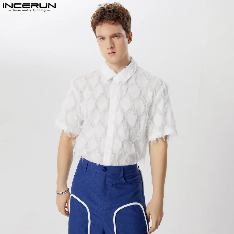 

INCERUN Tops 2024 American Style Men's Texture Perspective Design Shirts Casual Streetwear Male Short Sleeved Lapel Blouse S-5XL