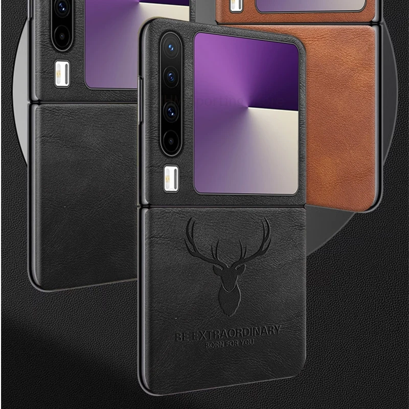

For Huawei Pura X 5G Deer Head Leather Shockproof Case For HUAWEI VDE-AL00 Pura X 3D Cartoon Elk Hard PC Flip Cover PuraX Fundas