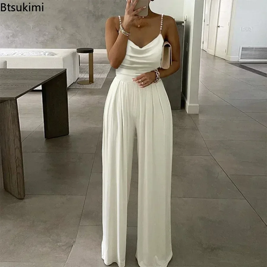 

2026 Women's Summer Elegant Jumpsuits Sexy Solid Pearl Straps Jumpsuit Woman Wide Leg Open Back Fashion V-Neck Overall Bodysuits