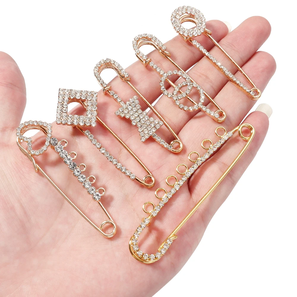 2pcs/Lot Rhinestones Gold Plated Crystals Elegant Brooche Bow Large Pins Brooch For Women Dress Safety Pin Brooches Wholesale