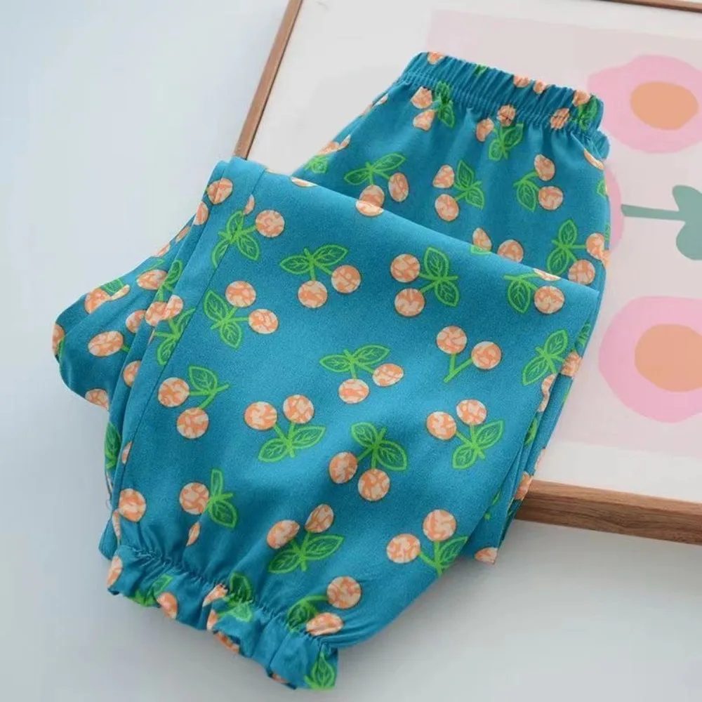 Elegant Playful Girls Floral Polka Dot Casual Pants Summer Baby Kids Anti Mosquito Pants  Elastic Waist Loose Trouser Thin Comfy