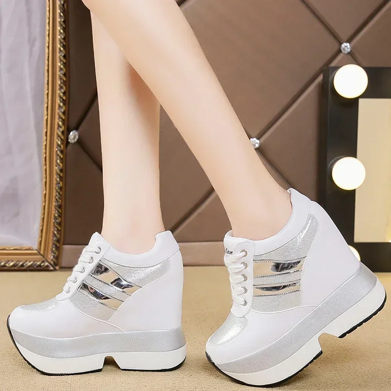 2023 Autumn Women High Platform Shoes Height Increasing Casual Shoes 12 CM Thick Sole Trainers Breathable Shoes Women Sneakers