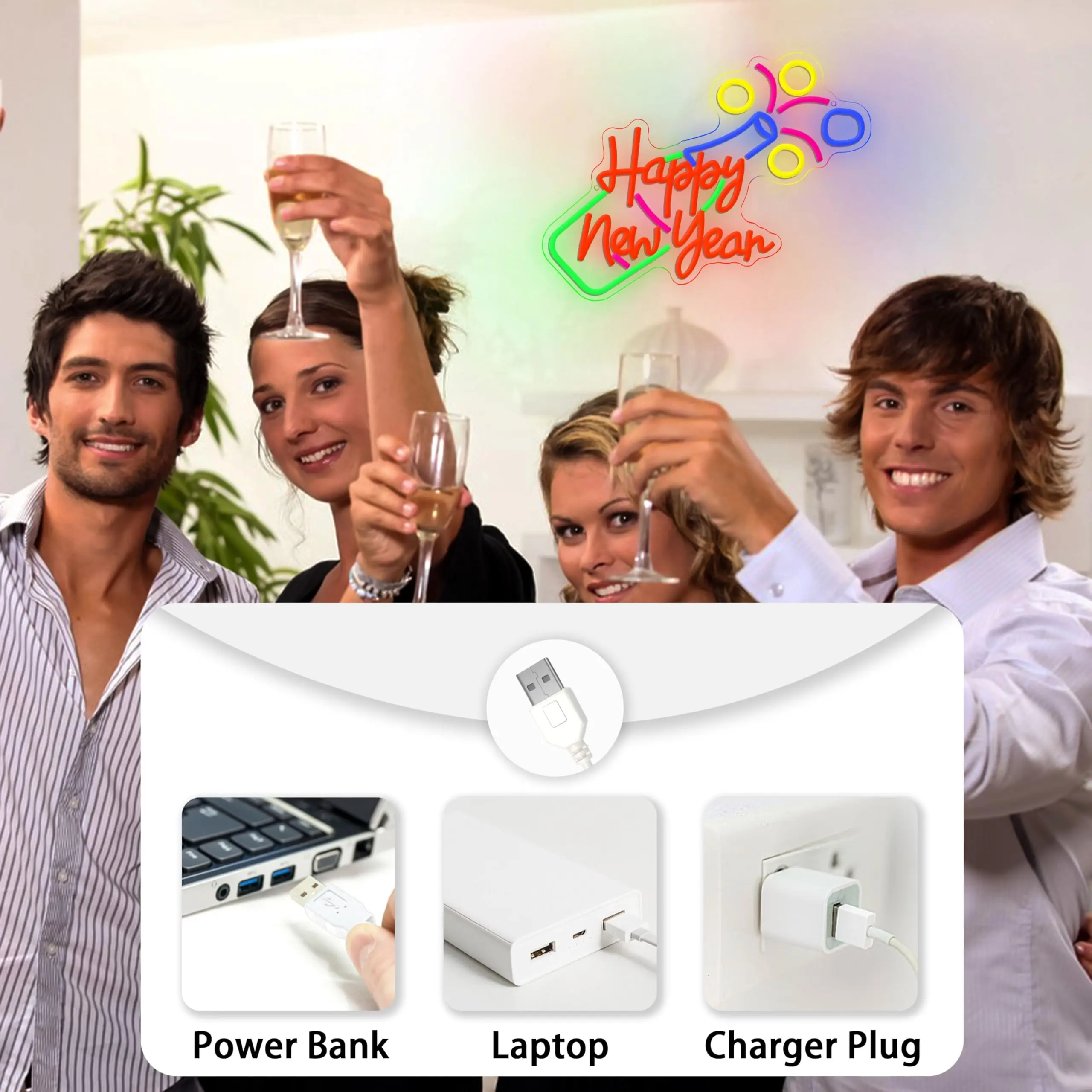 Gelukkig Nieuwjaar Neon Sign Dimbare Fles LED USB Light Up voor Wall Decor voor Oudejaarsavond Party Christmas Home Bar Decor