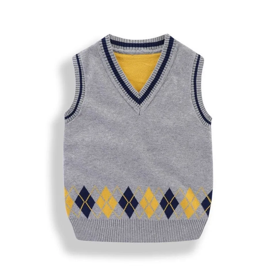 Kids Cotton Vests Spring Autumn , Boys And Girls Knit Sleeveless Sweater ,  V-Neck Children\'s School Waistcoat Top Clothes H6