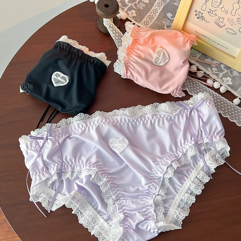 Teenage Girls Lolita Panties Lace Ice Briefs Sweet Girl's Butterfly Bow Heart-shaped Pattern Underwear Japanese Cute Panties