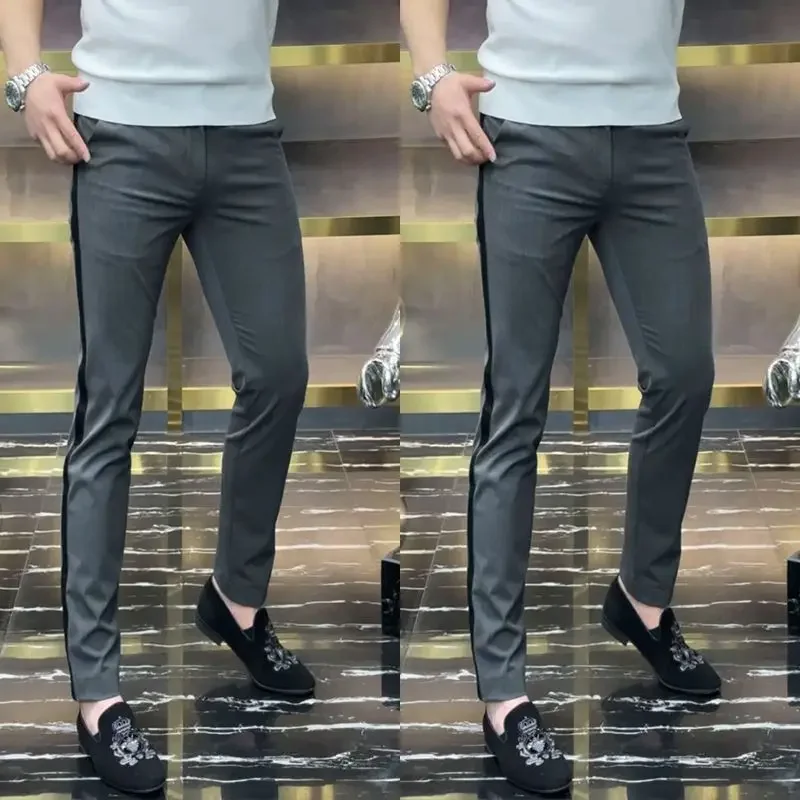 ผู้ชายด้านข้างลายธุรกิจชุดกางเกงดินสอStreetwearแฟชั่นชายเสื้อผ้าElastic Slim CasualตรงกางเกงXT946