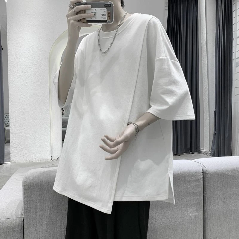 

Asymmetrical Side Slit Men O Neck Short Sleeve Streetwear 2022 Summer Loose Fashion Cool T Shirt Casual Harajuku Oversized Tops