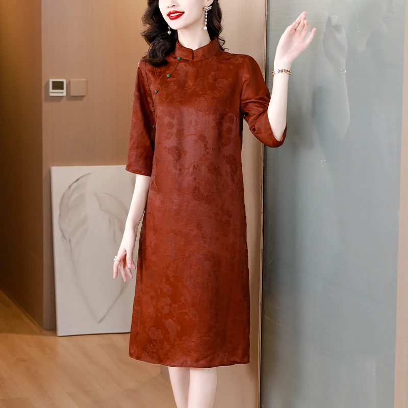 2023 New Fashion Improvement Qipao Silk Dress Women's Summer Versatile 3/4 Sleeve Loose Fit Casual Holiday Dress Vesidos