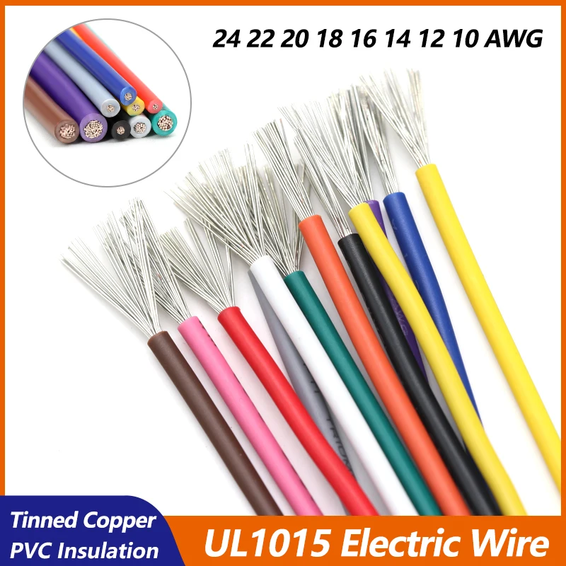 UL1015 PVC Electric Wire 24 22 20 18 16 14 12 10 AWG Multi-stranded Tinned Copper Electrical wire DIY Lamp Lighting Cable 600V