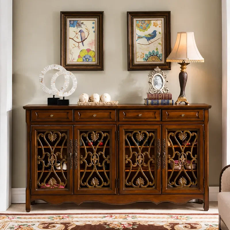 Solid Wood Four Door Shoe Cabinet Large Capacity Side Cabinet European Hollow Partition Cabinet Walnut Entrance Storage