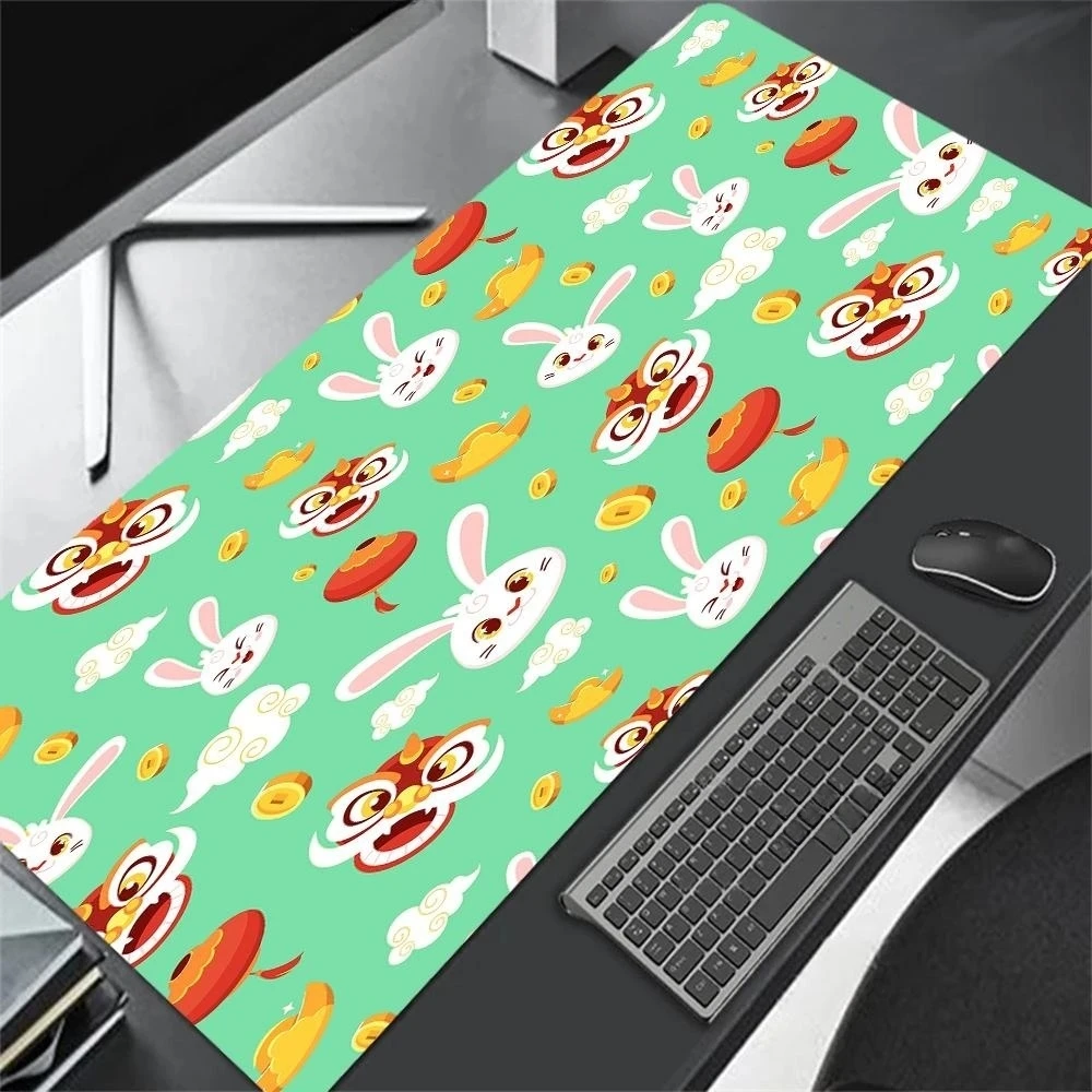 Rabbit and Lion Kawaii Mouse Pad Chinese Style Gaming Accessories Rug Large Keyboard Pad Office Carpet Rubber Computer Desk Mat