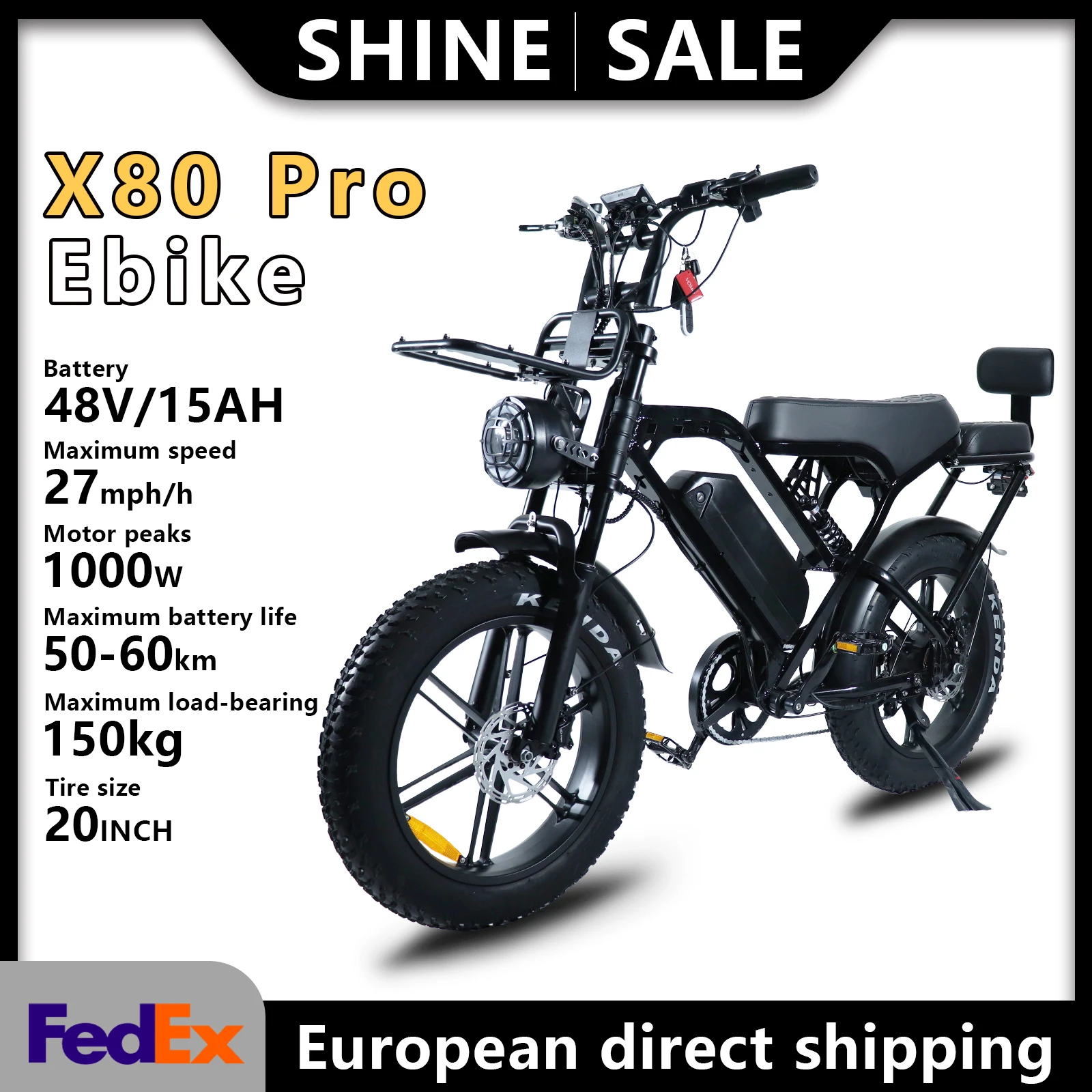 X80Pro Adult Electric Bicycle, Ideal for Daily Urban Commuting | 48V/15Ah Battery, 1000W Motor, 50-60km Range | 20-inch Wide Tires, 7-Speed ​​Drivetrain, Full Suspension, Hydraulic Disc Brakes | All-Terrain Off-Road Electric Bicycle