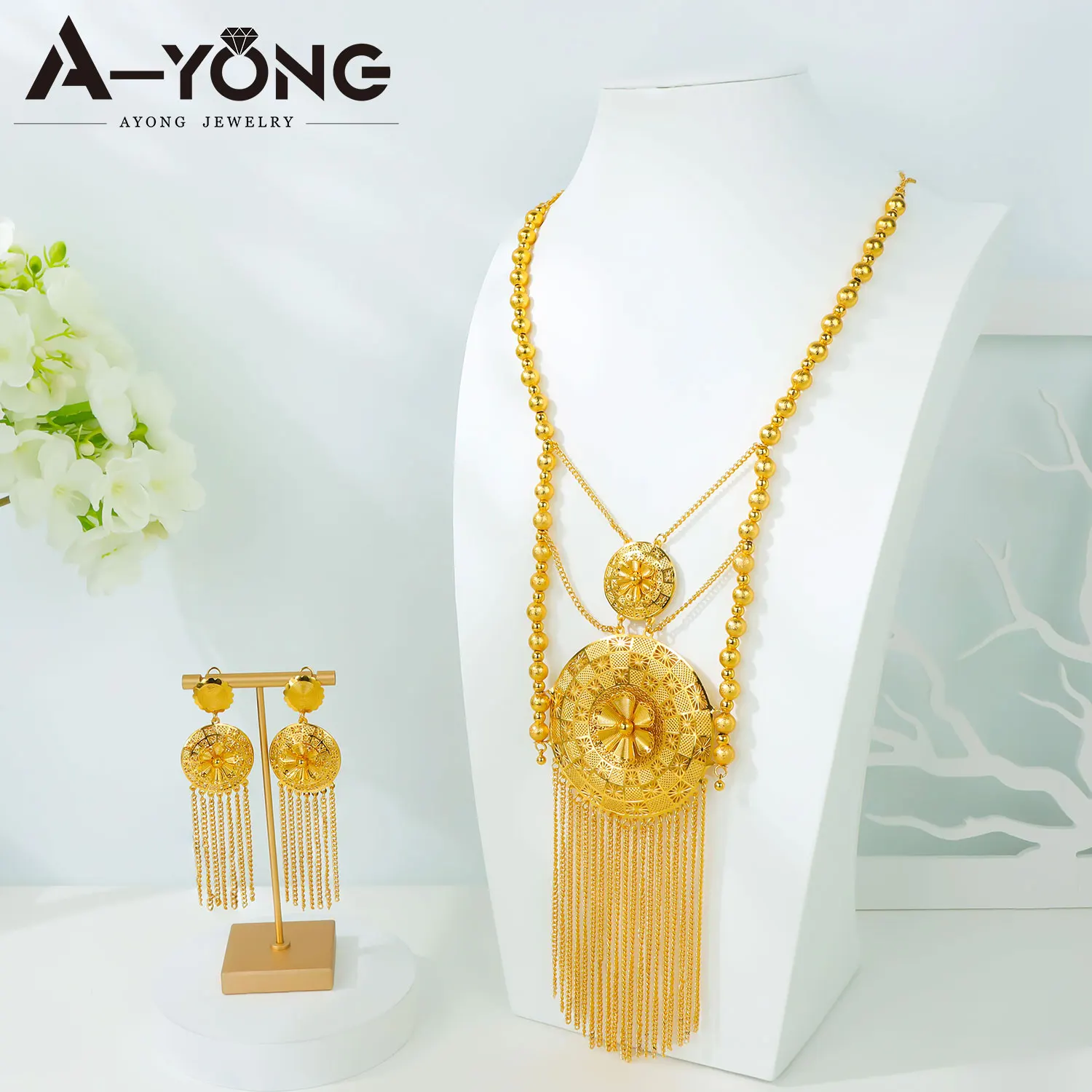 Luxury Arabic Bridal Wedding Jewelry Set India Gold Color Beads Long Necklace Earrings Ethiopian Women Vintage Jewelrys