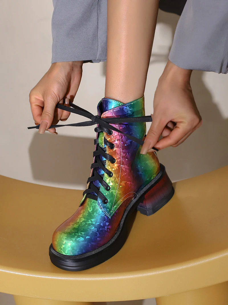 Bright Patent Leather Water Color Round Toe Thick Heel Boots Punk Style Iridescence Lace Up Autumn Women's Ankle Boots