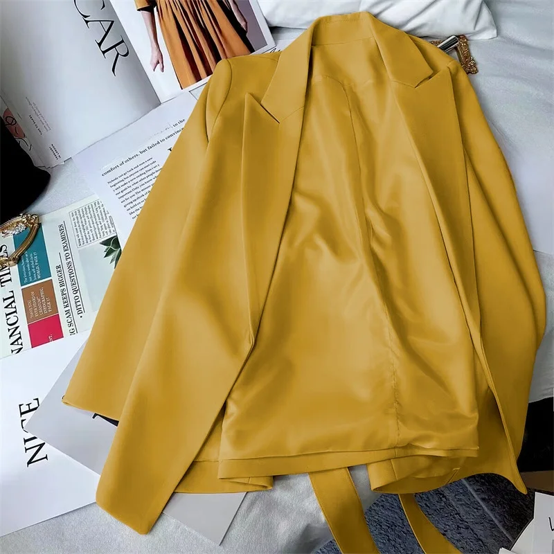 

Женский деловой костюм Café Belted Commuter, весна 2025, универсальный, с поясом, стильный, в корейском стиле, из полиэстера, со складками