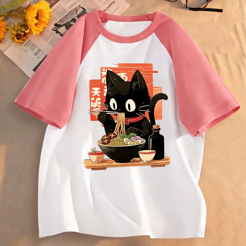Anime Cat Eat Ramen Kawaii Design Prined T Shirts Kids Children's T-shirt Boys Girls Summer Spring Casual Top Tee