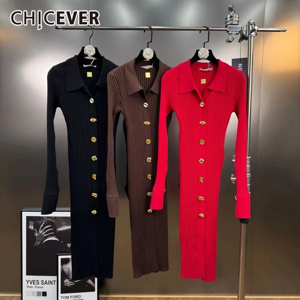 Vestidos largos de estilo Retro francés de CHICEVER para mujer con solapa de manga larga con botones de retazos Delgado elegante vestido de punto nuevo para mujer
