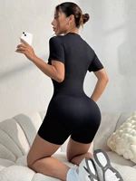 Women's Solid Color Half Zip Ribbed Knit Short Sleeve Romper Sports Soft Slim Fit Mock Neck Jumpsuit Streetwear 2025 Summer - Image 2