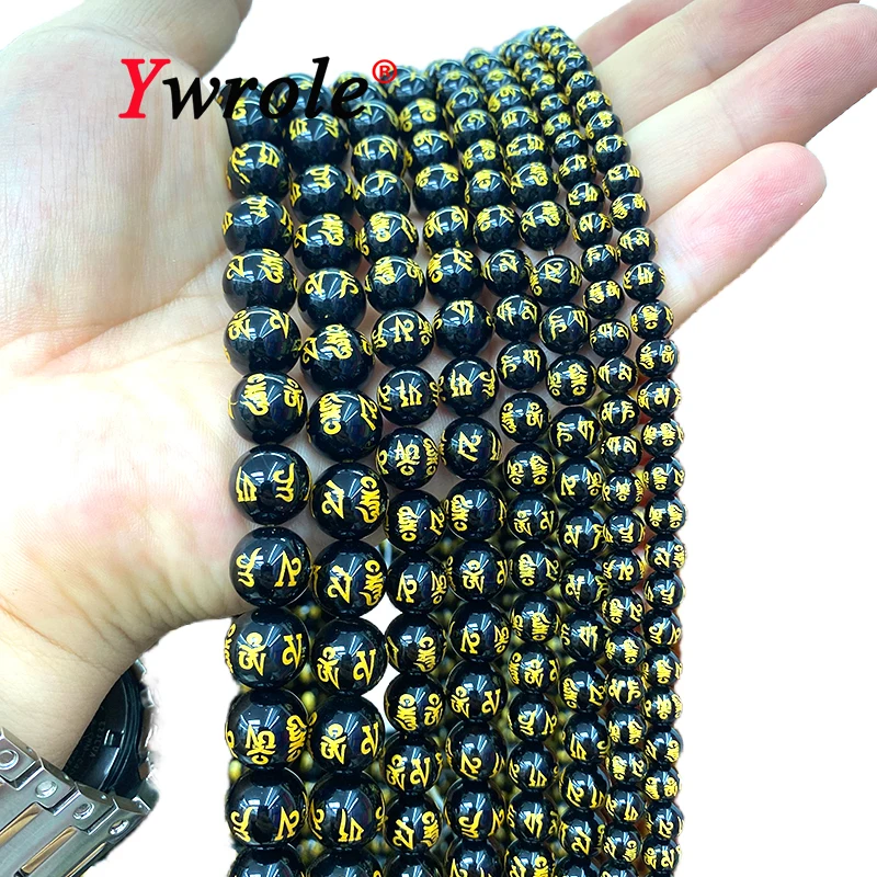 Natural Stone Buddha Beads AAA Black Agate Six Word Mantra Round Loose Spacer Beads for Jewelry Making Diy Bracelets Accessories