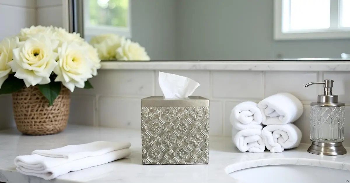 Square Tissue Box Cover Holder for Bathroom Decor, Modern Resin Design with Easy Refill Bottom for Counter Top - view 4